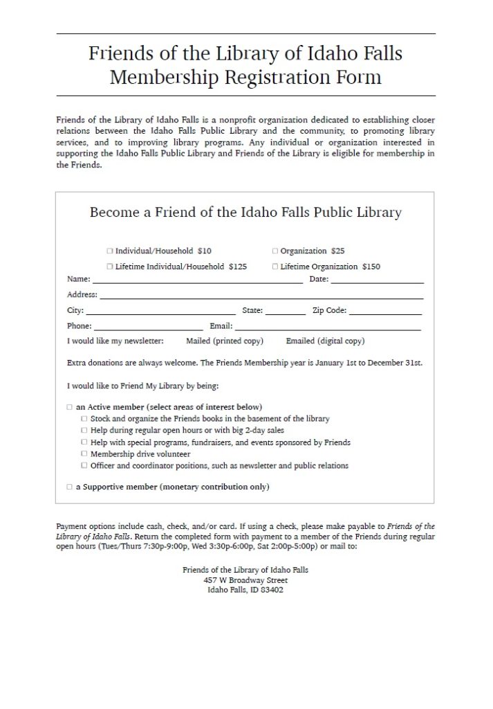Download the Friends of the Idaho Falls Library membership registration form.
