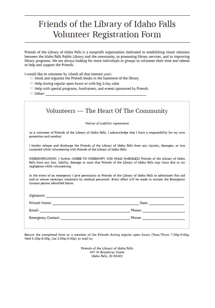 Download the Friends of the Idaho Falls Library volunteer registration form.