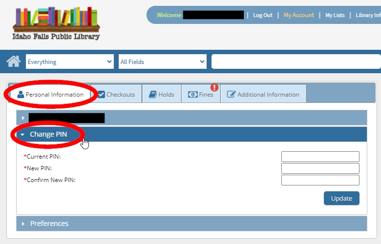 Image showing how to locate the personal information tab on the left of the screen and select the "Change Pin" section.