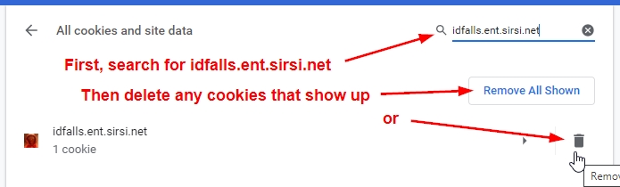 Image showing how to locate idfalls.ent.sirsi.net to delete any cookies that show up, or with the trash button.